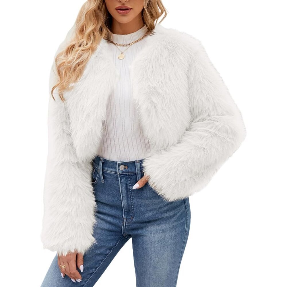 Women's White Gihuo Cropped Faux Fur Coat Open Front Fleece Winter Jacket